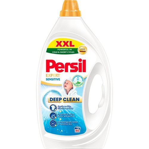 Persil Expert Sensitive, płyn do prania w białej butelce z żółtą nakrętką. Hipoalergiczny, bez mikroplastiku.