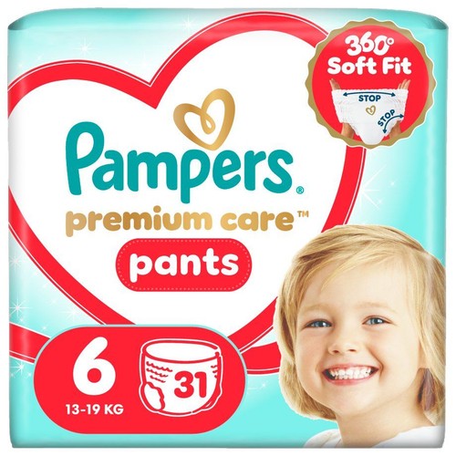 Foliowa paczka pieluchomajtek Pampers Premium Care, rozmiar 6, 31 sztuk. Widoczna grafika dziecka i logo "360° Soft Fit".