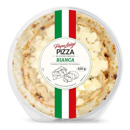 Pizza Papa Luigi Bianca, Premium Selection, 420 g. Okrągła pizza z trzema rodzajami sera: provolone, mozzarellą i serem solankowym. Widoczne lekko zarumienione ciasto. Produkt w przezroczystym opakowaniu z etykietą w kolorach włoskiej flagi.