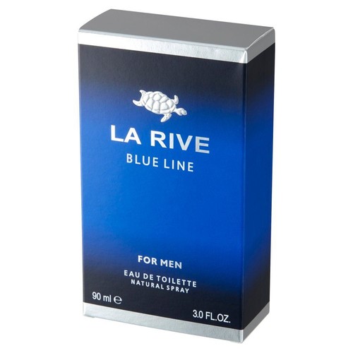 Woda toaletowa LA RIVE BLUE LINE dla mężczyzn, 90 ml. Niebieskie pudełko z napisem LA RIVE i srebrnym żółwiem.