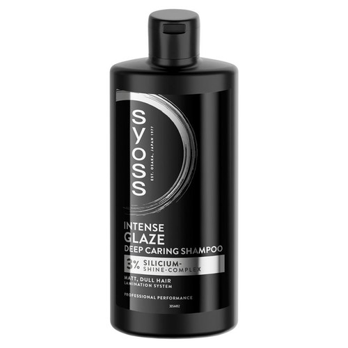 Czarny szampon Syoss Intense Glaze do włosów matowych i pozbawionych blasku. Zapewnia głęboką pielęgnację.