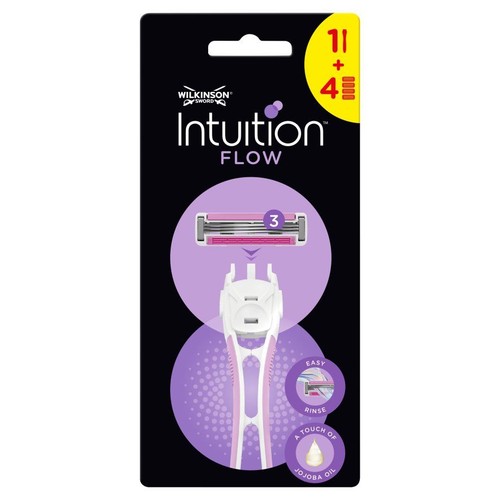 Wilkinson Sword Intuition Flow: zestaw 1 rączka + 4 wkłady. Czarne opakowanie z fioletowymi akcentami, pokazujące biało-różową maszynkę.