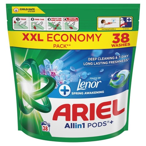 Opakowanie Ariel Allin1 PODS+ Wiosenna Świeżość, 38 prań. Zielono-niebieska torba z kwiatami i kapsułką.