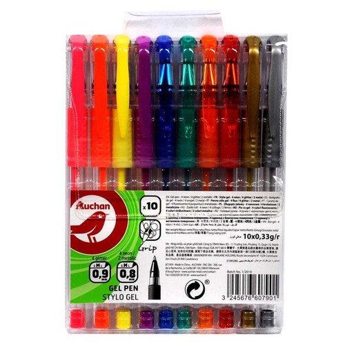 Długopisy żelowe Stylo gel 0.8 mm / 0.9 mm 10 kolorów Auchan 10 sztuk