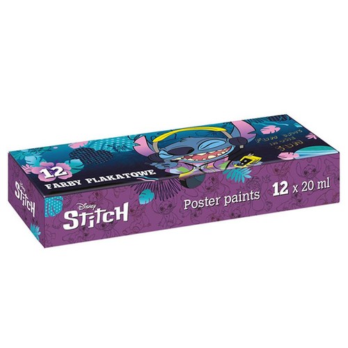 Fioletowe pudełko farb plakatowych Disney Stitch, zawierające 12 tubek po 20 ml każda. Na opakowaniu widnieje grafika Stitcha w słuchawkach, otoczonego tropikalnymi liśćmi i wzorami. Całkowita pojemność to 240 ml.