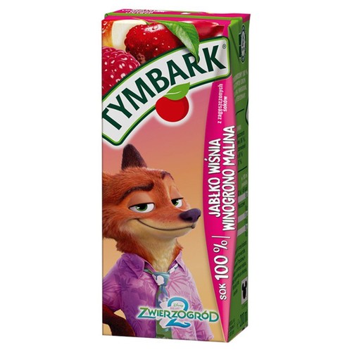 Karton soku Tymbark 100% Jabłko Wiśnia Winogrono Malina 200 ml z lisem Nickiem z filmu Zwierzygród 2.