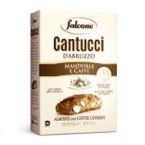 Kartonowe opakowanie ciastek Cantucci Falcone z Abruzji, o smaku migdałowo-kawowym. Na jasnym tle widoczna nazwa "Falcone Cantucci d'Abruzzo" i ilustracja ciastka z migdałami i kawą.