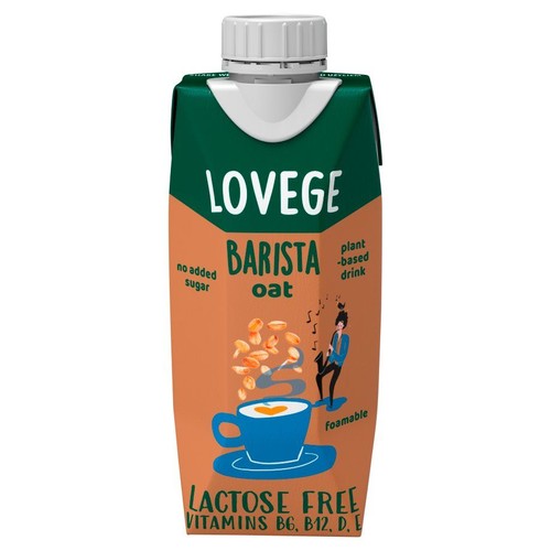 Lovege Barista Oat, roślinny napój owsiany do kawy. Bez dodatku cukru, bez laktozy, spienialny. Z witaminami B6, B12, D, E.