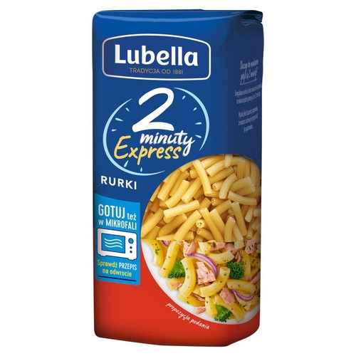 Niebieskie opakowanie makaronu Lubella Rurki. Produkt gotowy w 2 minuty, z sugestią podania w formie sałatki makaronowej.