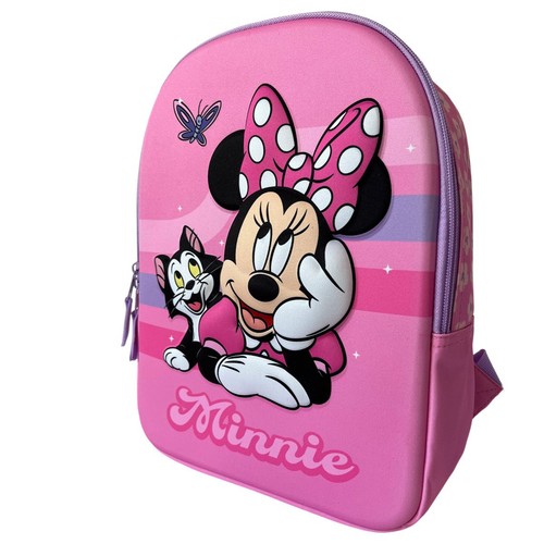 Plecak dziecięcy w odcieniach różu z wizerunkiem Minnie Mouse, jej kota Figaro i motyla. Ma fioletowy zamek.