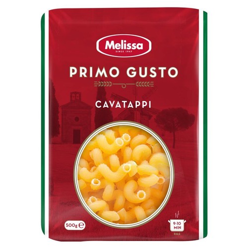 Makaron Melissa Primo Gusto Cavatappi w czerwonej torebce 500g. Czas gotowania 9-10 minut. Na froncie okienko z produktem.