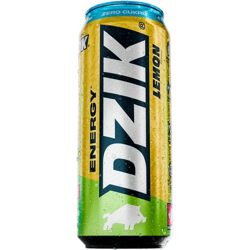 Puszka napoju energetycznego DZIK ENERGY o smaku cytrynowym, z napisem "Zero cukru". Na żółto-zielonym tle widnieje biały dzik.