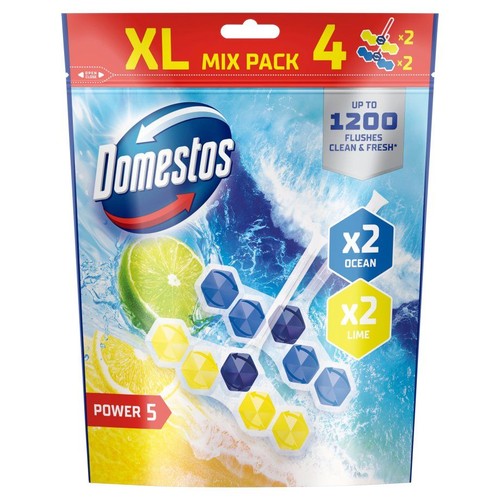 Opakowanie Domestos Power 5 XL Mix Pack z 4 kostkami do toalety. Zawiera 2 kostki Ocean i 2 kostki Lime.