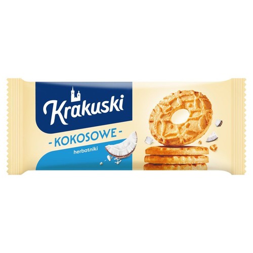 Opakowanie herbatników Krakuski Kokosowe. Na etykiecie grafika okrągłych herbatników z dziurką i kawałków kokosa.