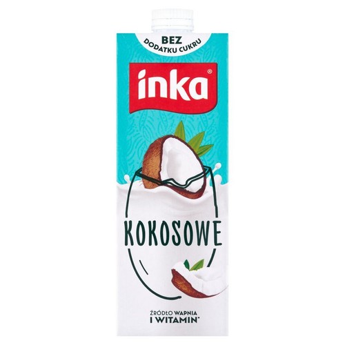 Karton napoju roślinnego Inka Kokosowe. Opakowanie jest biało-turkusowe, z dużą grafiką przekrojonego orzecha kokosowego i liści. Widoczny napis "BEZ DODATKU CUKRU" oraz "ŹRÓDŁO WAPNIA I WITAMIN".