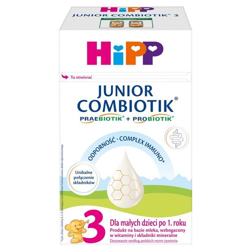 Opakowanie HiPP Junior Combiotik 3, mleko dla dzieci powyżej roku. Z kompleksem odpornościowym i unikalnymi składnikami.