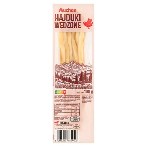 Opakowanie sera Auchan Hajduki Wędzone, półtłustego, parzonego, wędzonego. Waga netto 100 g.