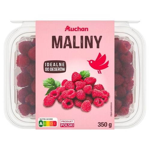 Auchan Maliny, 350 g, w przezroczystym opakowaniu. Idealne do deserów. Produkt Polski.
