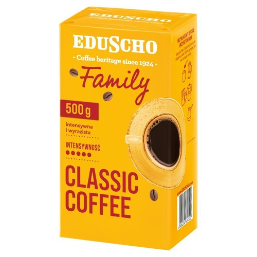 Opakowanie kawy EDUSCHO Family Classic Coffee, 500 g. Intensywna i wyrazista kawa z grafiką filiżanki i ziaren.
