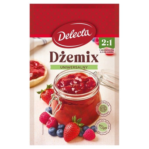 Opakowanie Delecta Dżemix Uniwersalny 2:1, do przygotowania dżemów z 1 kg owoców i 0.5 kg cukru. Na grafice słoik dżemu z truskawkami, malinami i borówkami, oraz pieczywo z dżemem. Produkt zapobiega pleśnieniu.