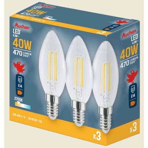 Żarówka świeczka LED E14 40W barwa ciepła Auchan 3 sztuki