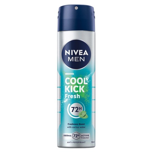 Antyperspirant Nivea Men Cool Kick Fresh w sprayu, 150 ml. Srebrna puszka z niebieską nakrętką, 72H ochrony.