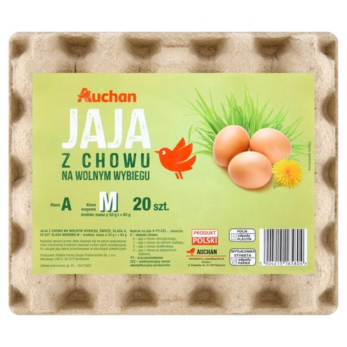 Jaja z chowu na wolnym wybiegu M Auchan 20 sztuk