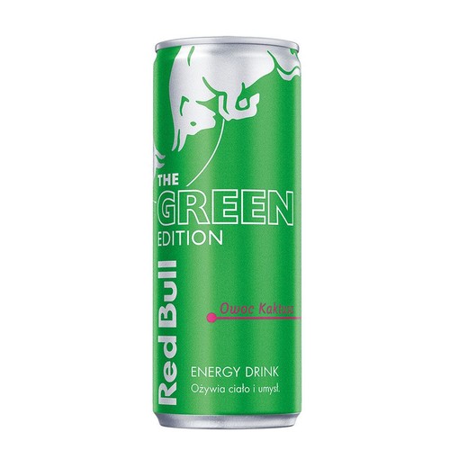 Puszka Red Bull Energy Drink, edycja zielona, smak Owoc Kaktusa. Napis "Ożywia ciało i umysł".