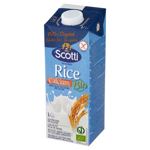 Opakowanie napoju roślinnego Scotti Rice Calcium Bio, 1 litr. Produkt bezglutenowy, bez laktozy, bez dodatku cukrów, 100% roślinny. Na kartonie widnieje logo BIO oraz grafika kłosa ryżu i płynu. Marka Scotti, od 1860 roku.