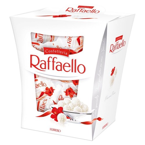 Białe opakowanie Raffaello Confetteria z przezroczystym okienkiem, ukazującym indywidualnie zapakowane pralinki. Na boku opakowania napis "Specjalność kokosowa. Wykwintne pralinki z sercem. Specjalność." oraz grafika pralinek.