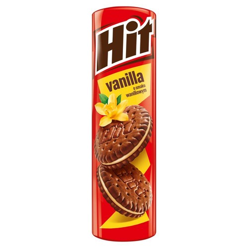 Czerwone opakowanie ciastek Hit o smaku waniliowym. Na opakowaniu grafika dwóch czekoladowych ciastek z kremem waniliowym.