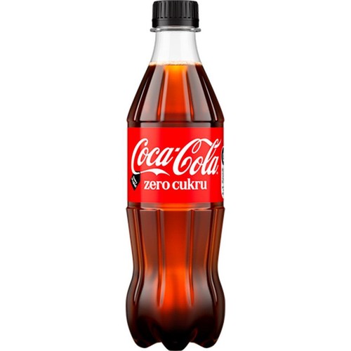 Butelka Coca-Cola Zero Cukru z czarną zakrętką i czerwoną etykietą.