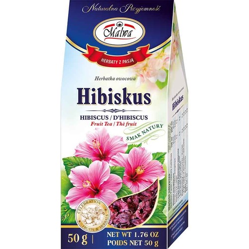 Opakowanie herbatki owocowej Malwa Hibiskus, 50g. Z przodu różowe kwiaty hibiskusa i suszone płatki.