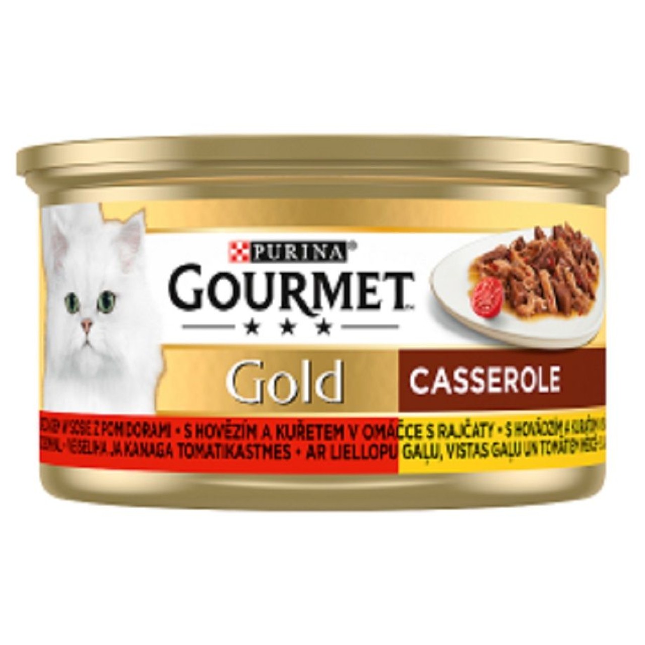 Mokra karma dla dorosłych kotów z wołowiną i kurczakiem w sosie pomidorowym Gourmet 85 g