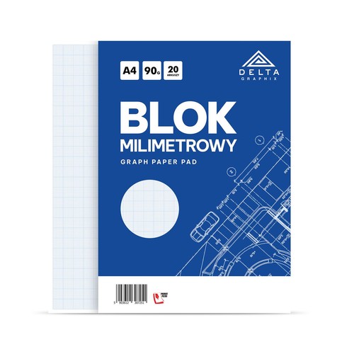 Blok milimetrowy Delta Graphix w formacie A4, zawierający 20 arkuszy papieru o gramaturze 90g. Okładka jest niebieska z dużym białym napisem "BLOK MILIMETROWY" oraz logo producenta. Widoczny jest również fragment papieru milimetrowego.