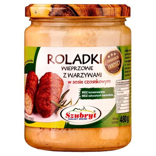 Szubryt Roladki wieprzowe z warzywami w sosie czosnkowym, 480g. Słoik z brązową zakrętką. Bez konserwantów i sztucznych barwników.