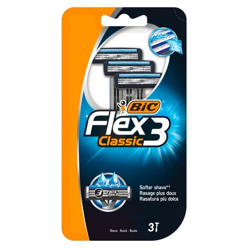 Pomarańczowo-niebieskie opakowanie maszynek BIC Flex 3 Classic. Zawiera 3 sztuki z technologią Flex-Tech i aloesem.