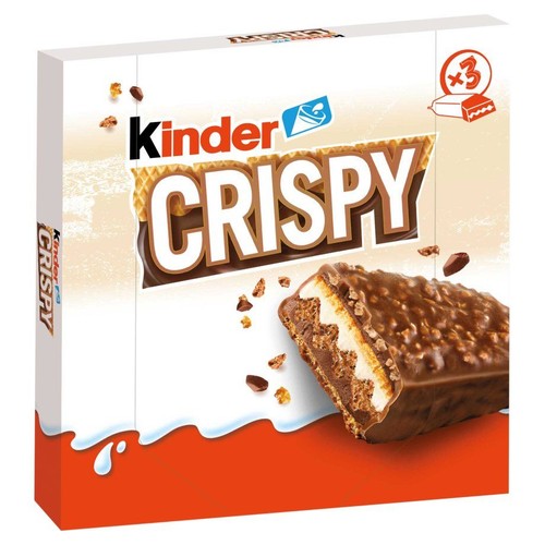Opakowanie Kinder Crispy z logo i grafiką batona. Baton jest czekoladowy, chrupiący, z warstwami wafla i kremu. Opakowanie zawiera 3 batony.