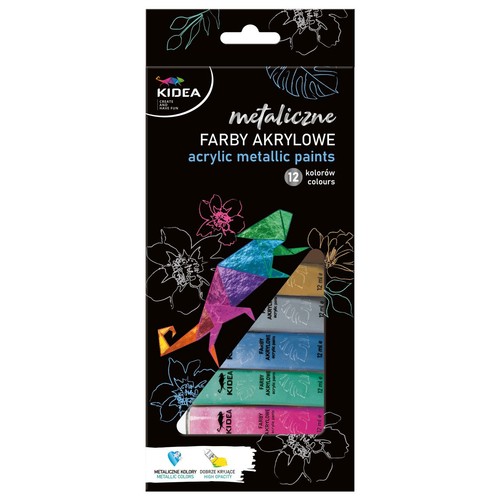 Zestaw 12 metalicznych farb akrylowych KIDEA w tubkach po 12 ml. Opakowanie czarne z kolorową grafiką jaszczurki.