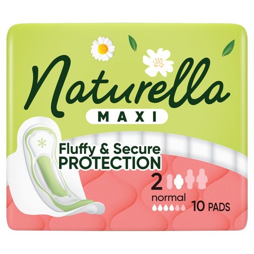 Podpaski higieniczne Naturella Maxi, 10 sztuk. Normalna chłonność (4 kropelki). Zielono-różowe opakowanie z kwiatami.
