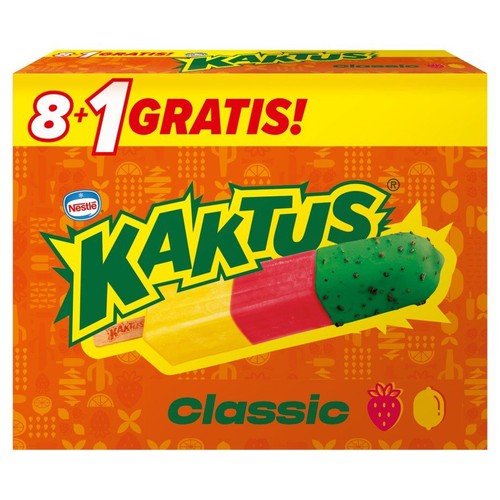 Opakowanie lodów Nestlé Kaktus Classic. Zawiera 8+1 gratis. Na opakowaniu grafika loda w kształcie kaktusa, żółto-czerwono-zielonego.
