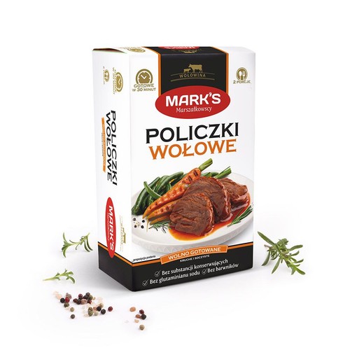 Mark's Marszałkowscy Policzki Wołowe. Opakowanie z grafiką dania: mięso, marchew, fasolka. Gotowe w 30 minut, 2 porcje.