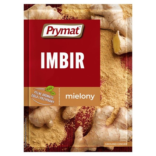 Prymat Imbir mielony w opakowaniu z grafiką korzeni imbiru i proszku.