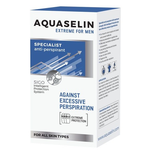 Białe opakowanie antyperspirantu Aquaselin Extreme for Men. Specjalistyczny produkt przeciw nadmiernej potliwości.