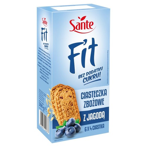 Opakowanie Sante Fit Ciasteczka Zbożowe z Jagodą, 300g. Bez dodatku cukru. Na niebieskim pudełku grafika ciastka i jagód.