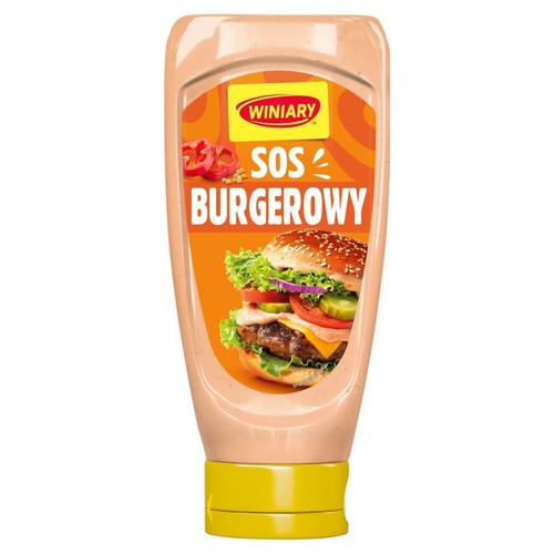 Butelka sosu burgerowego Winiary z etykietą przedstawiającą soczystego burgera. Ma żółtą nakrętkę i pomarańczowe tło.
