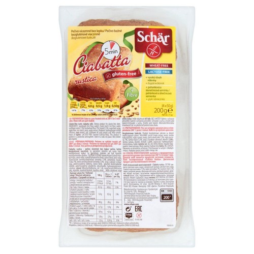 Schär Ciabatta Rustica, pieczywo bezglutenowe i bez laktozy, 200g. Na opakowaniu grafika ciabatty z nasionami słonecznika.