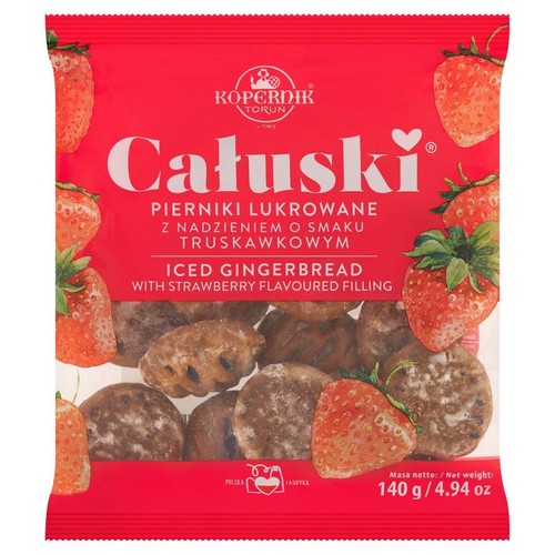Całuski Pierniki lukrowane z nadzieniem o smaku truskawkowym  Kopernik 140 g