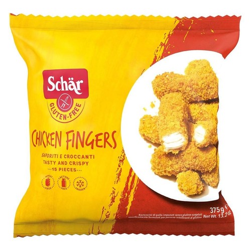 Schär Paluszki z kurczaka, 375g. Bezglutenowe, chrupiące, mrożone. Na opakowaniu widoczne usmażone paluszki.