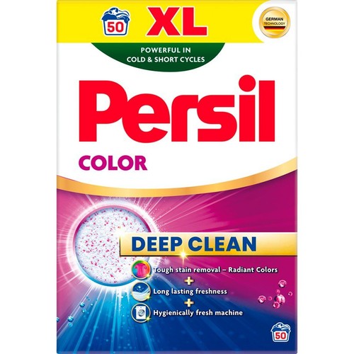 Opakowanie proszku Persil Color XL, 50 prań. Z niemiecką technologią, do kolorowych tkanin. Skuteczny w niskich temperaturach.